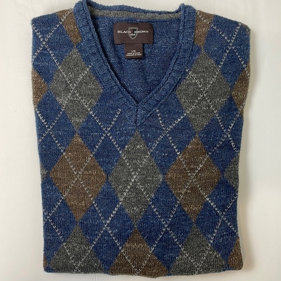 Black Brown 1826 || Men's Argyle V-Neck Sweater; Size Large - Picture 1 of 9